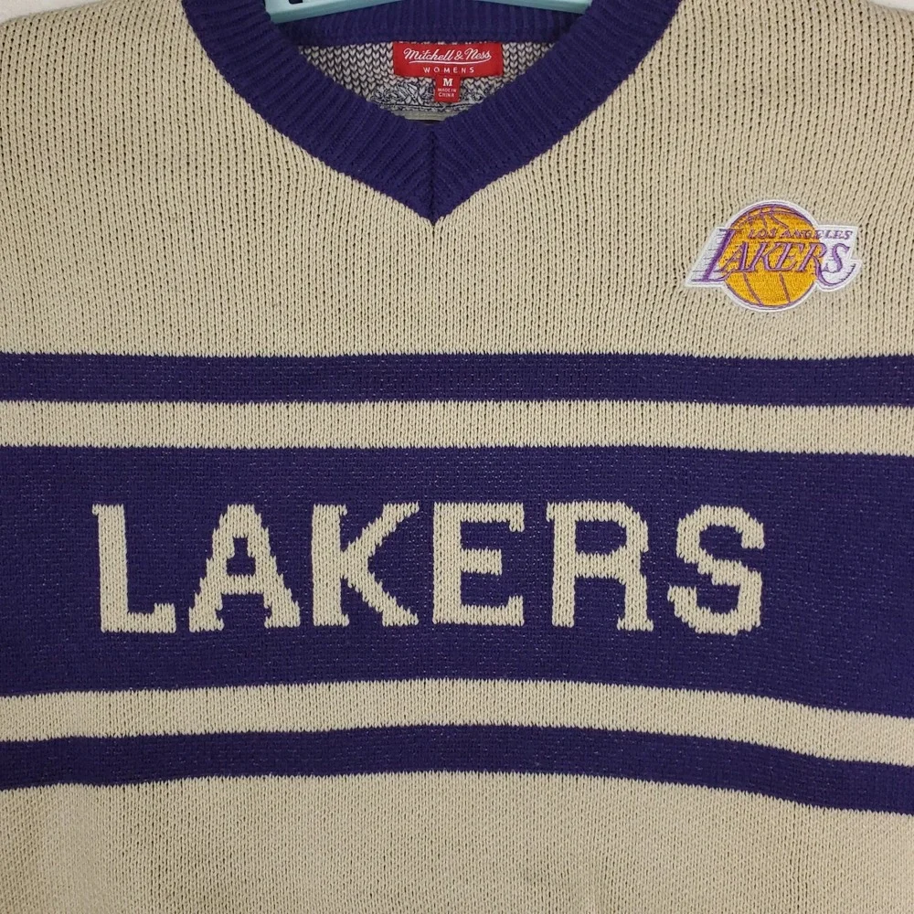 LA Lakers Mitchell & Ness NBA Medium‎ Womens Knit Sweater Cream Purple New